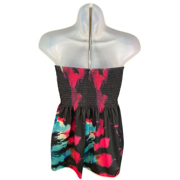 Womens Smocked Halter Top L Strapless Multicolor Abstract Boho Hippie Y2K - Picture 2 of 6